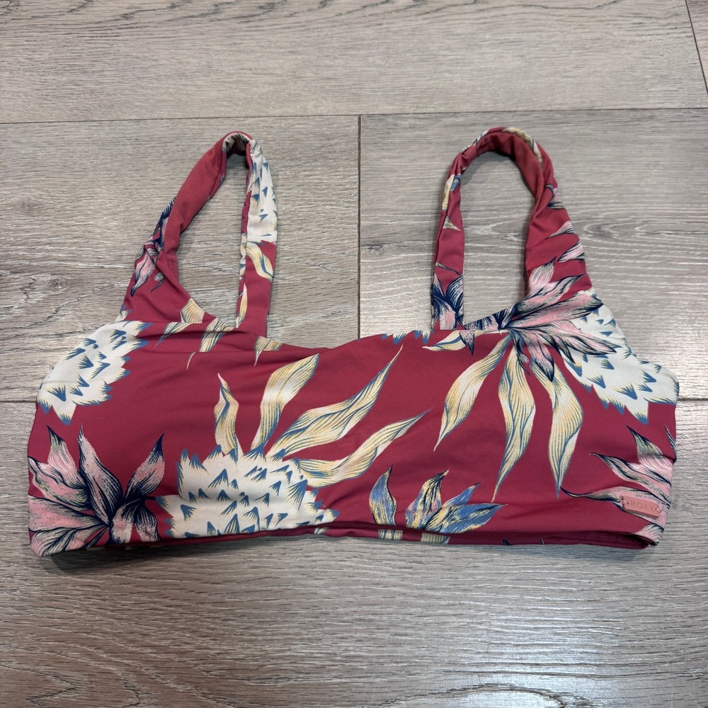 Roxy Womens Tropical Floral Scoop Neck Bikini Top Berry Red Blue Size Small